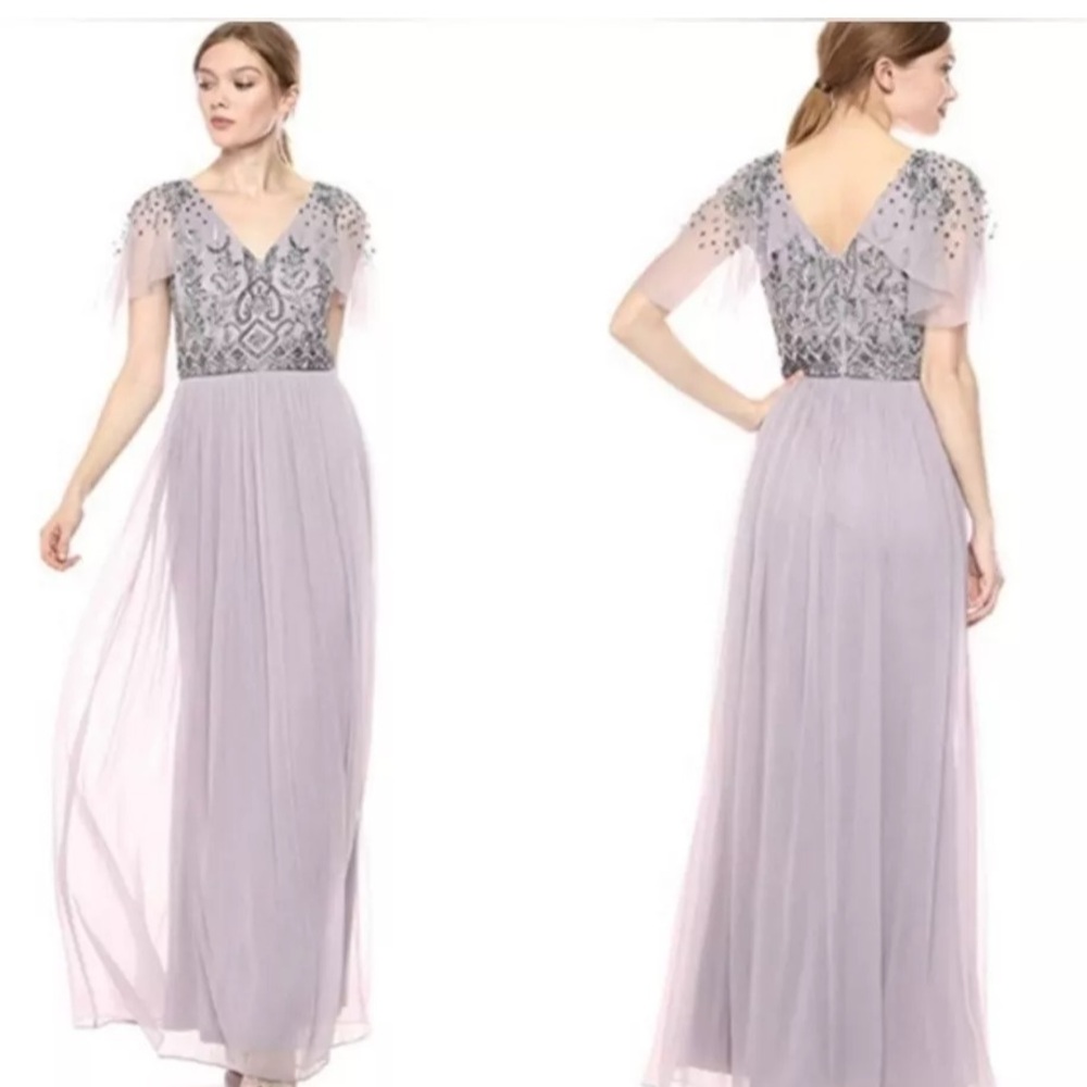 Adrianna Papell Lilac Gray Beaded Flutter Sleeve Dress 12P